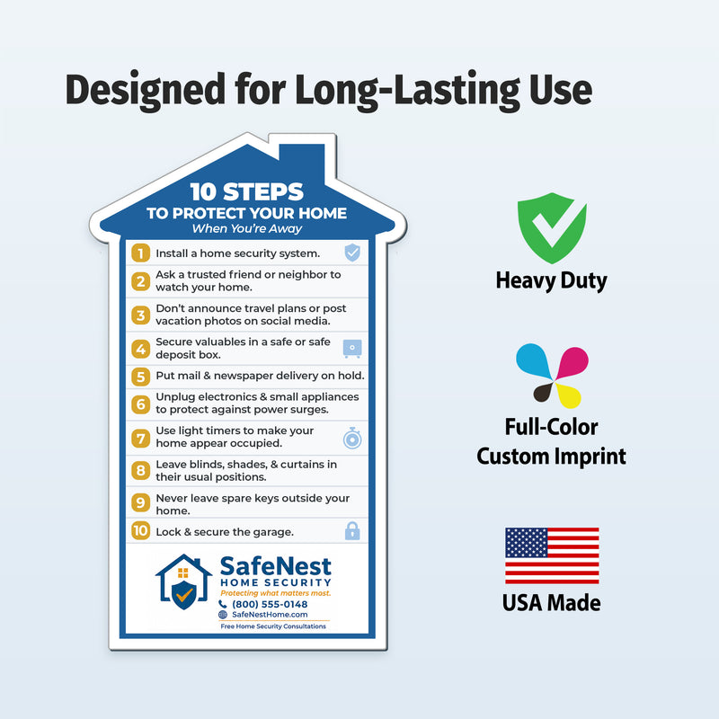 Close-up of 10 home security tips on custom house shaped magnet