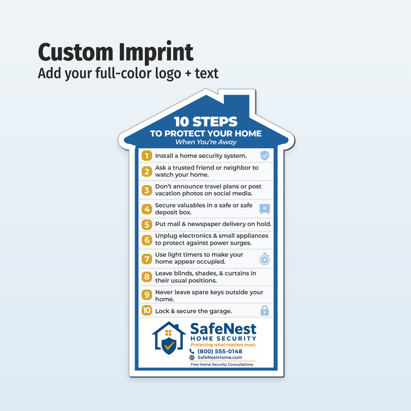 Personalized house shaped safety magnet with business logo and contact information