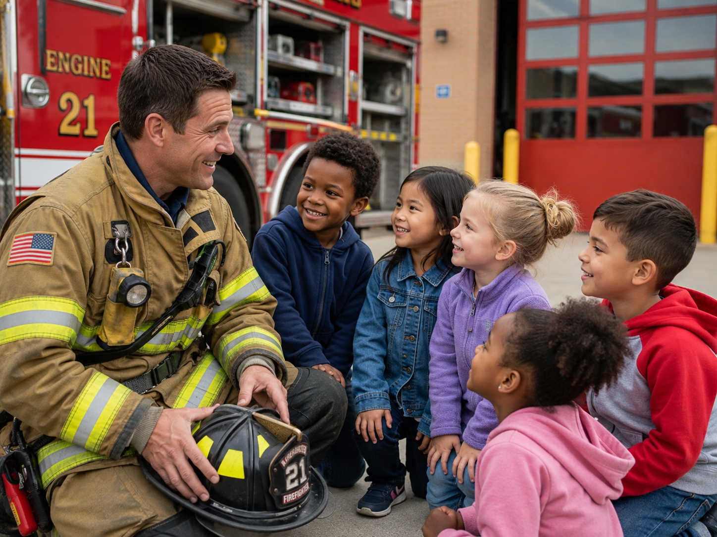 A firefighter in tan turnout gear kneels and smiles at a group of five children in front of a fire station, holding a black and yellow helmet. The background shows a red fire truck and fire station garage doors.