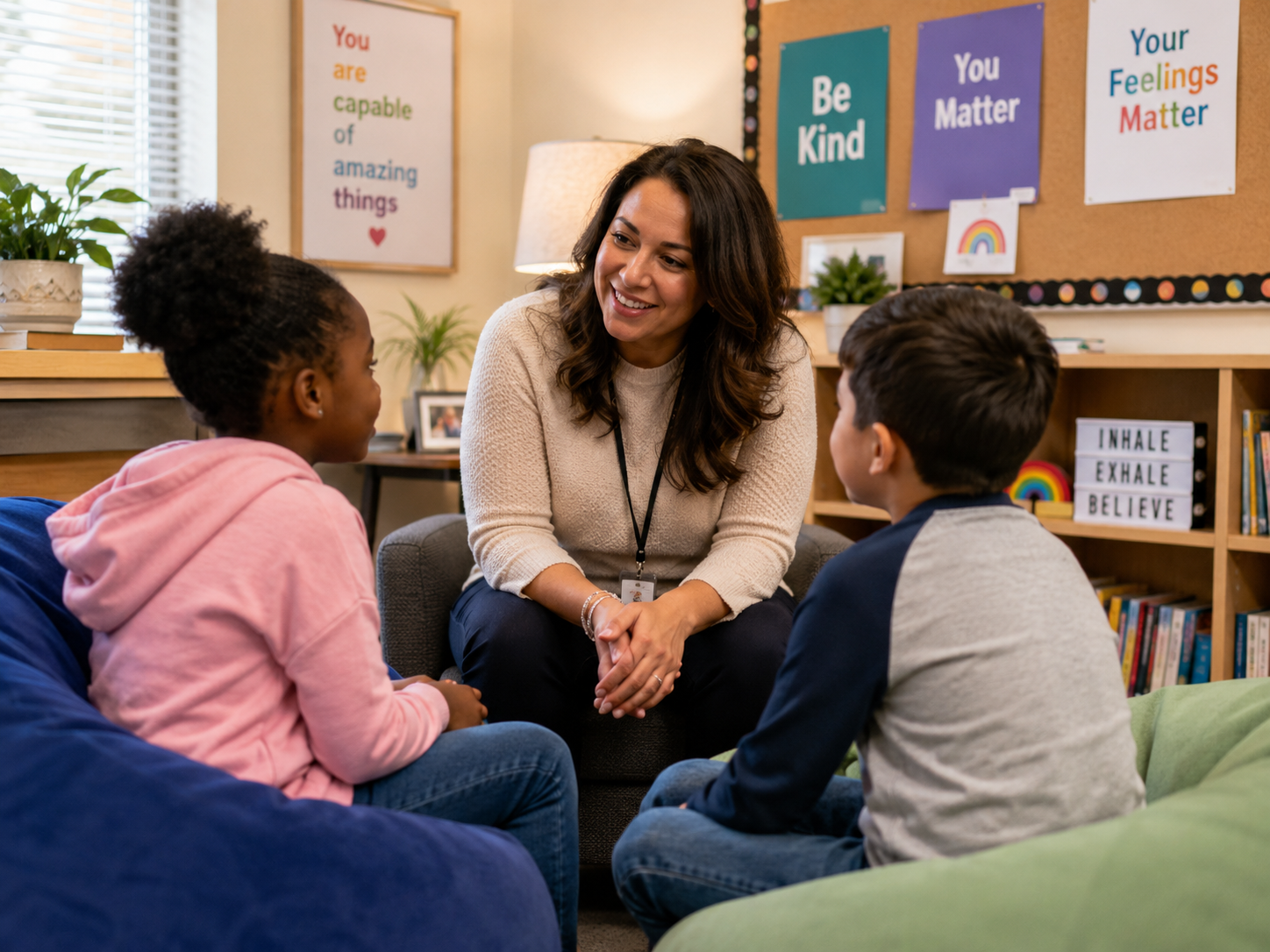 A counselor sits on a couch in a therapy office, smiling and talking with two children sitting on floor cushions. The room has colorful motivational posters, a corkboard, and bookshelves in the background.
