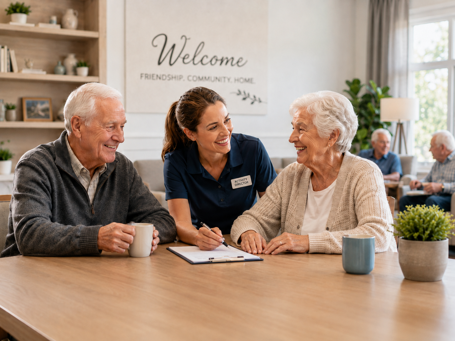Senior living activity director talking with older adults in a welcoming community room