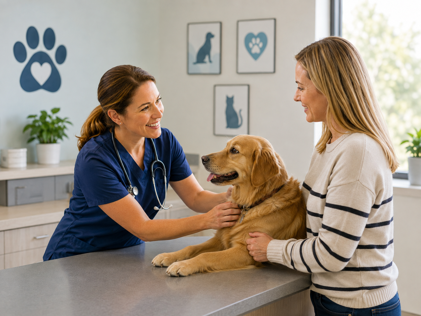 A golden retriever dog sits on a metal exam table at a veterinary clinic, with a veterinarian in blue scrubs examining it while a woman in a cream sweater with navy stripes watches from beside her.