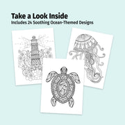 Three ocean-themed coloring pages featuring a lighthouse, turtle, and jellyfish on a light blue background.