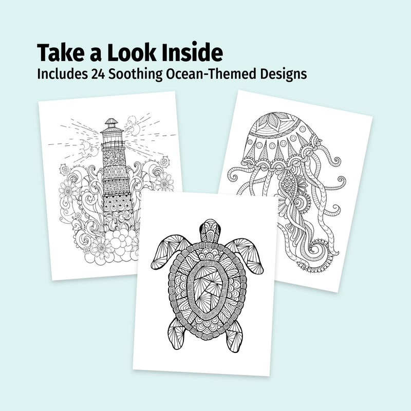Three ocean-themed coloring pages featuring a lighthouse, turtle, and jellyfish on a light blue background.