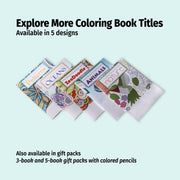 Coloring books with various designs on a light blue background