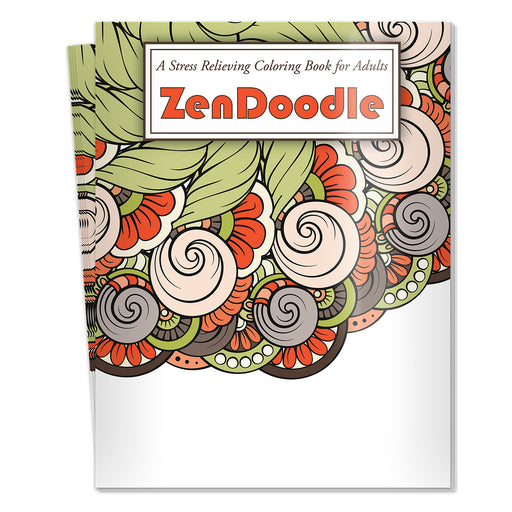 Coloring book for adults with 'ZenDoodle' branding and abstract designs on the cover.