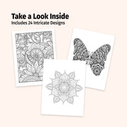 Three black and white intricate designs on a light pink background with text 'Take a Look Inside Includes 24 Intricate Designs'.
