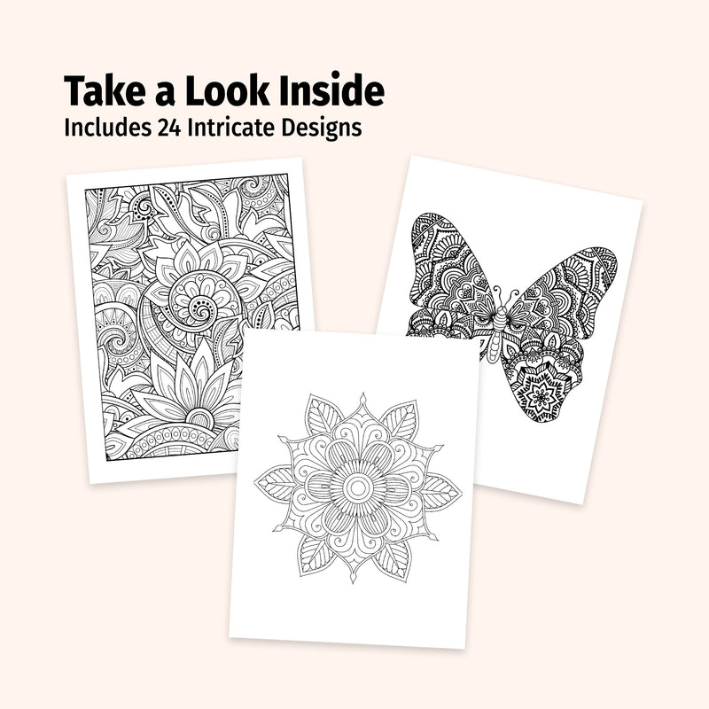 Three black and white intricate designs on a light pink background with text 'Take a Look Inside Includes 24 Intricate Designs'.