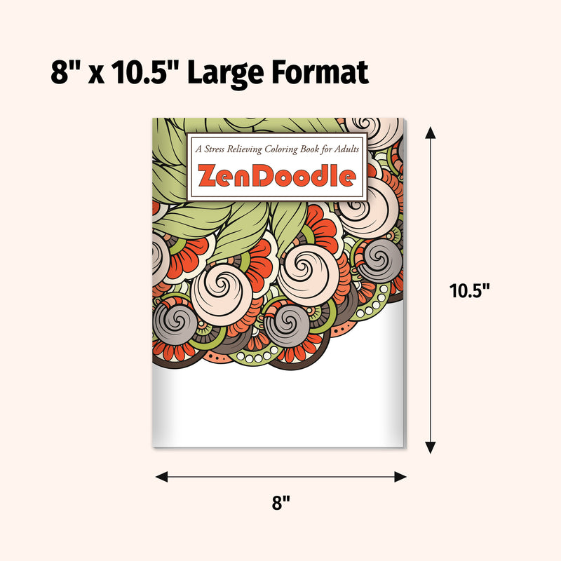 ZenDoodle coloring book with dimensions labeled on a white background