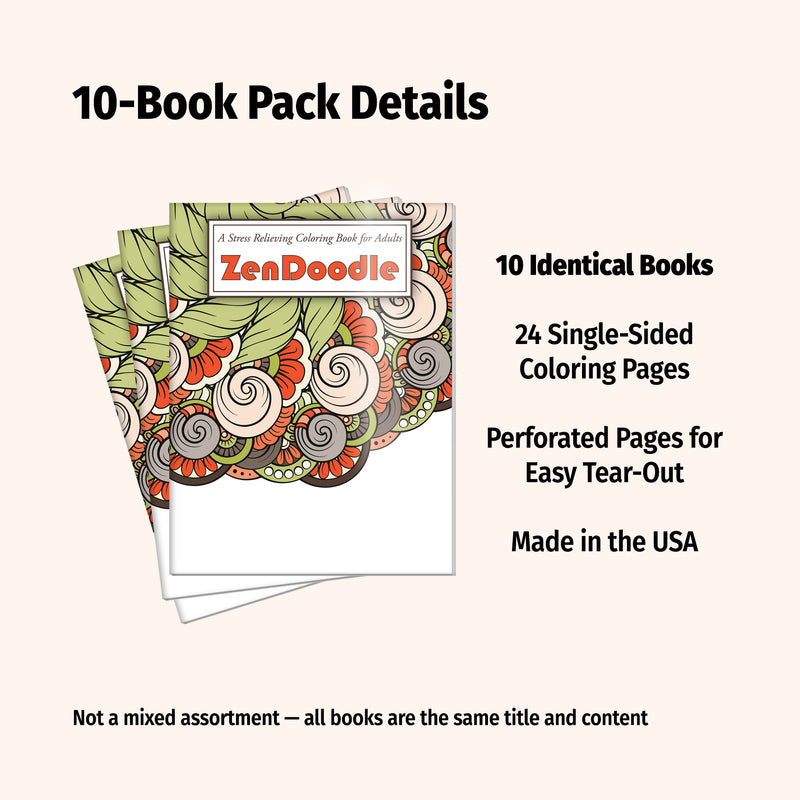 Packaging of 10 identical Zendoodle coloring books with product details on a white background.