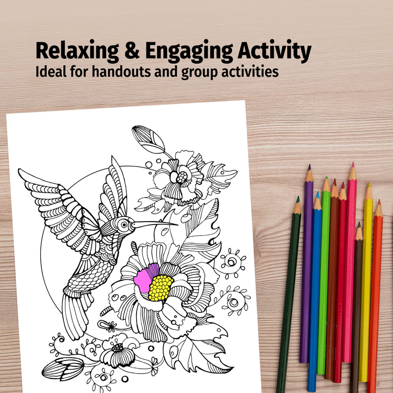 Coloring sheet with a hummingbird and flowers design, accompanied by colored pencils on a wooden surface.