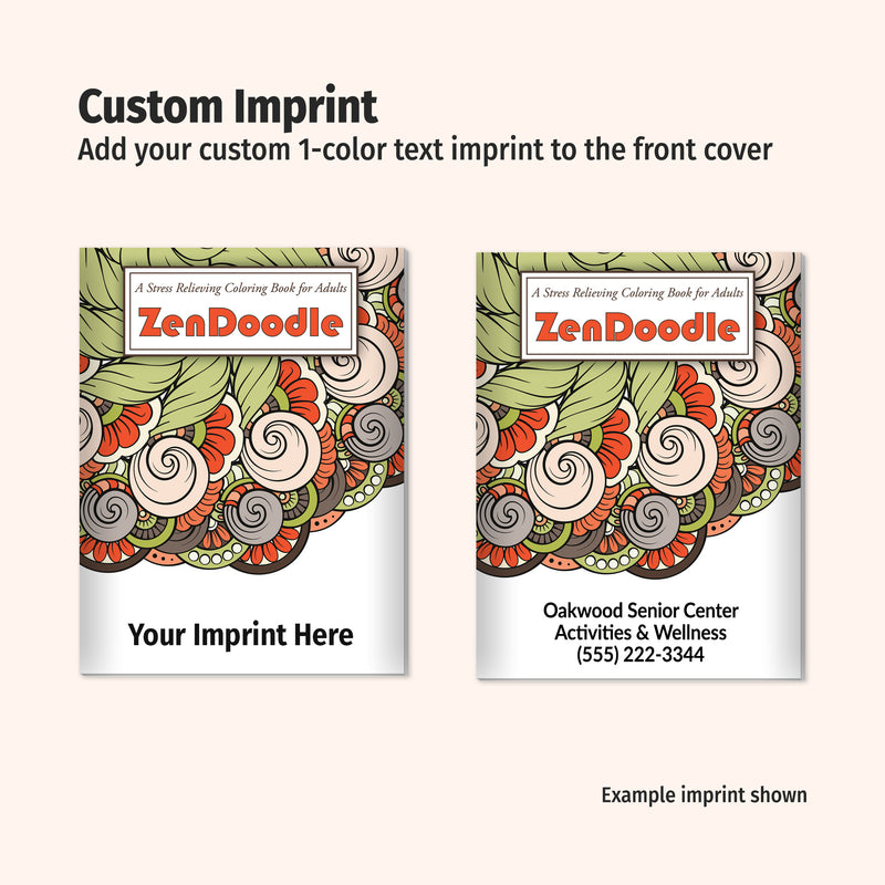 Two ZenDoodle coloring book covers with customizable text imprint area on a white background.