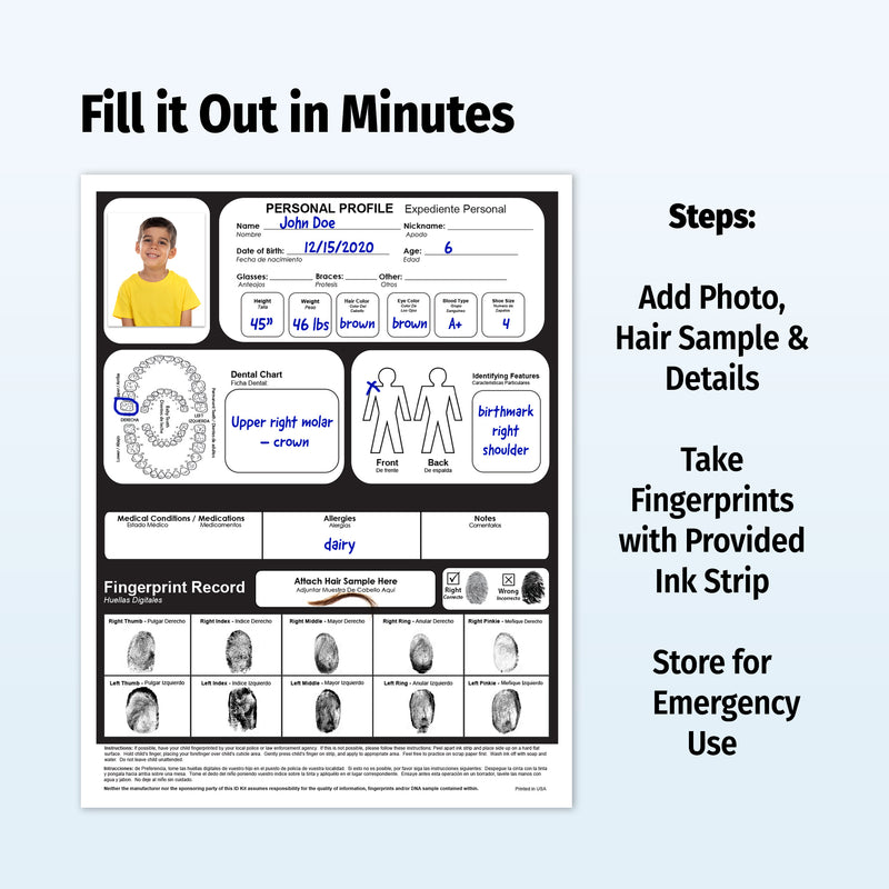 ID card template with steps for filling it out, including photo, hair sample, and fingerprinting details.