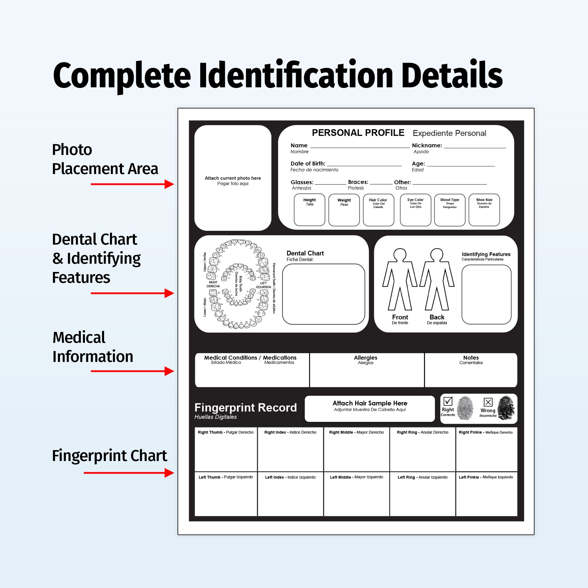 Identification form with various sections labeled on a white background