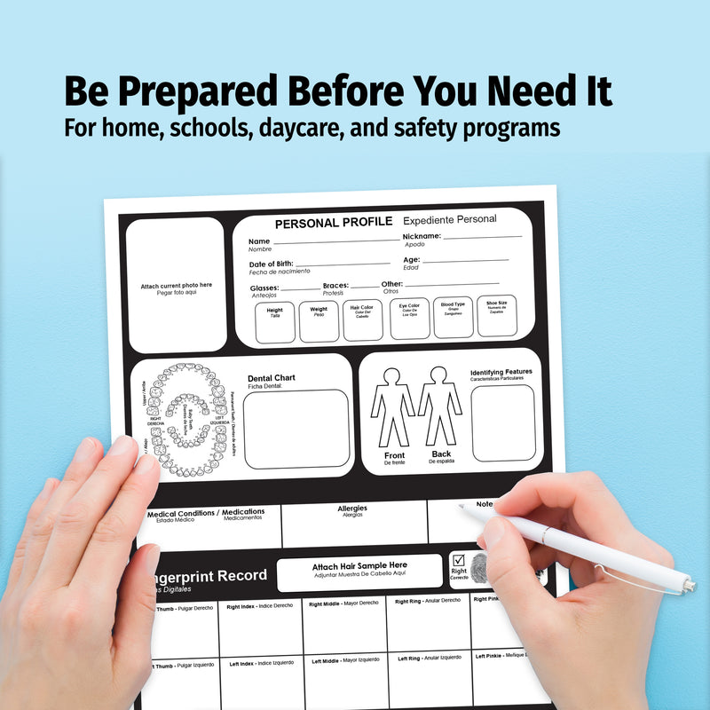 Person holding a document with personal profile and fingerprint record on a blue background