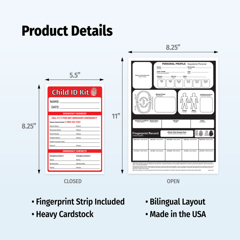 Child ID Kit with dimensions and features on a light gray background