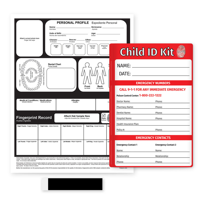 Child ID Kit with forms and emergency contact information on a white background