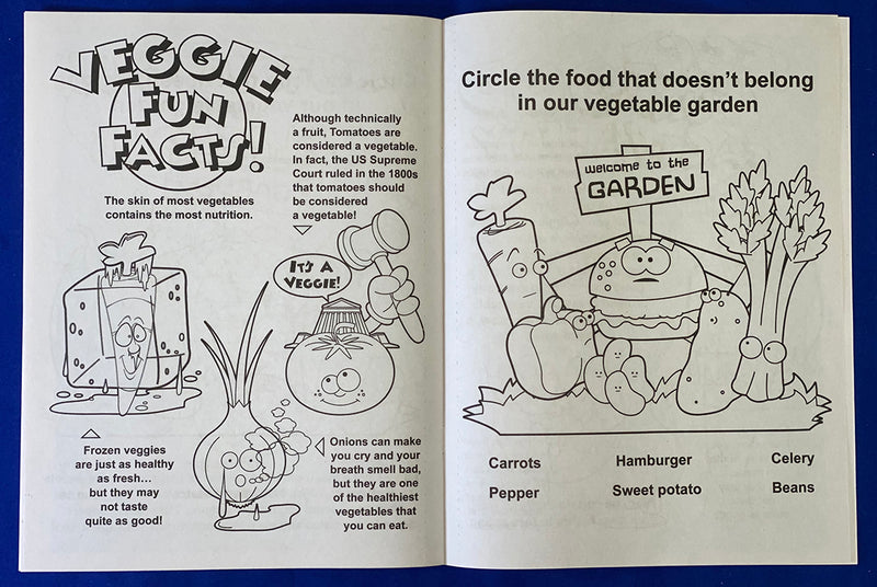 Kids vegetable coloring book inside pages about healthy foods and nutrition