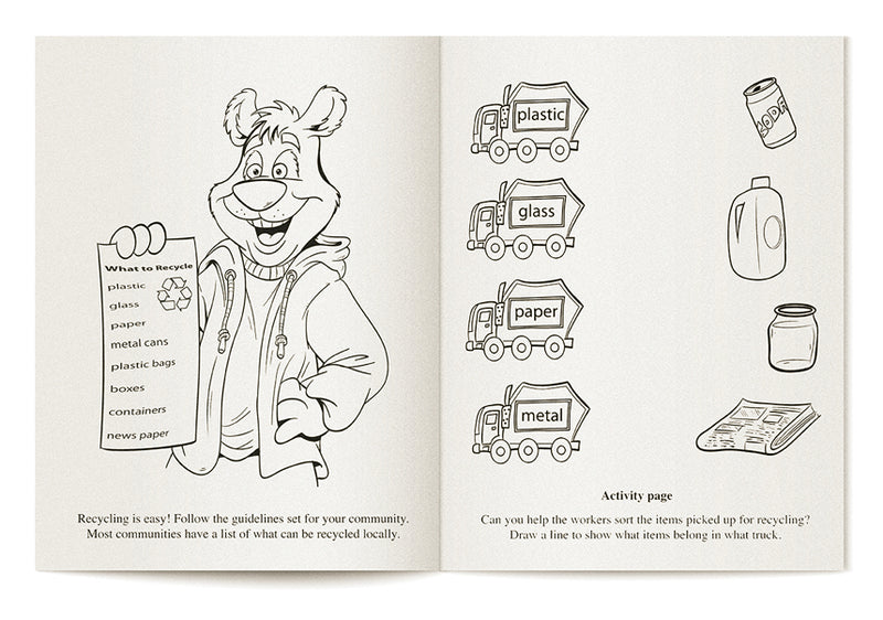 Inside pages of Recycling kids coloring and activity book