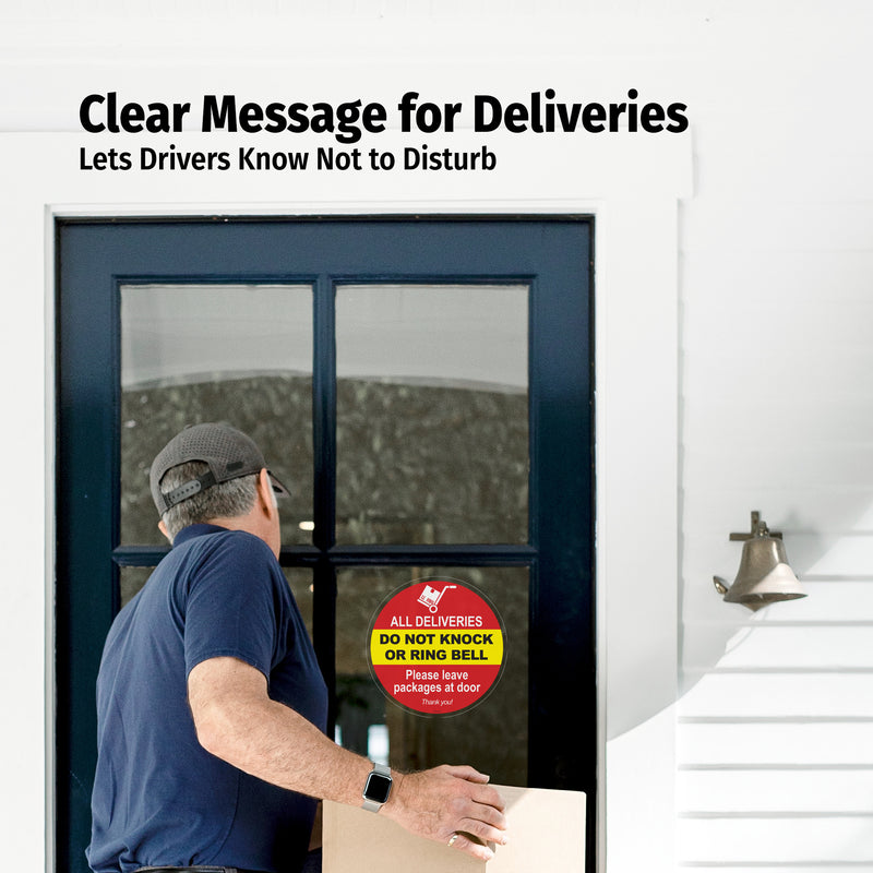 Man delivering packages with a 'Do Not Knock or Ring Bell' sign on the door