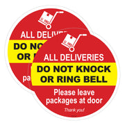 Two round delivery sign stickers with red, yellow, and white colors on a white background.