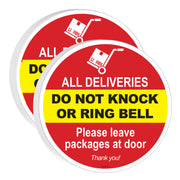 Twenty round signs with red, yellow, and white colors warning about deliveries not to be knocked or rang at door.