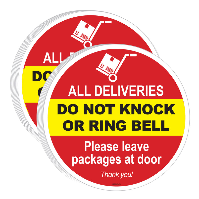Twenty round signs with red, yellow, and white colors warning about deliveries not to be knocked or rang at door.