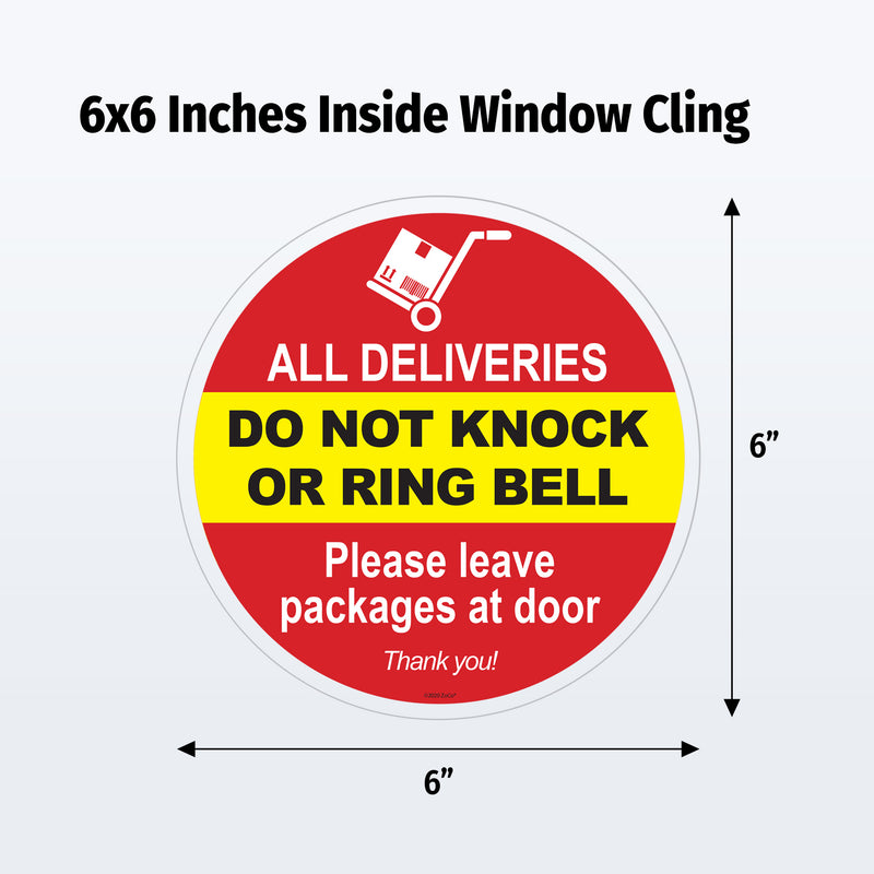 Round sign with text 'All deliveries do not knock or ring bell, please leave packages at door' on a white background