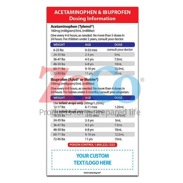 Acetaminophen & Ibuprofen Dosing Info for Kids - Magnets - (Min.Qty 100)