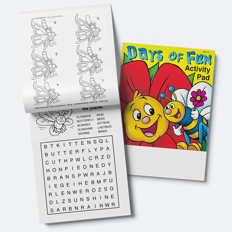 Days of Fun kids mini activity pad with birds flowers bees and puzzles