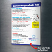 Informational poster on dental emergencies for kids attached to a metallic surface.