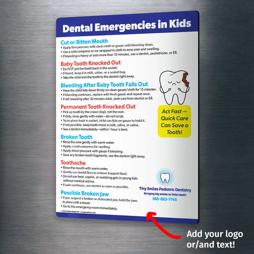 Informational poster on dental emergencies for kids attached to a metallic surface.