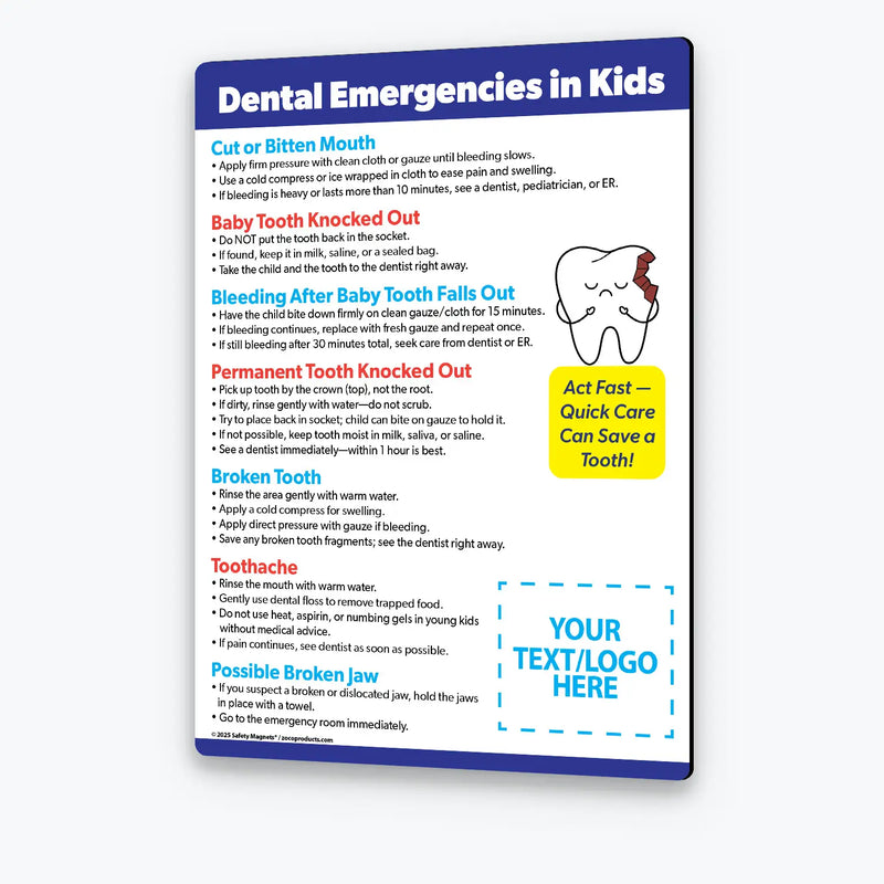 Informational poster about dental emergencies in kids with text and graphics on a white background.