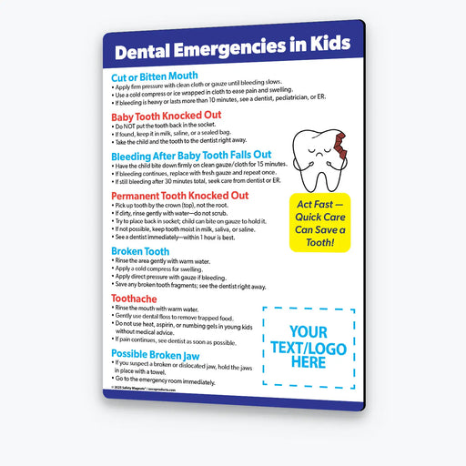 Informational poster about dental emergencies in kids with text and graphics on a white background.