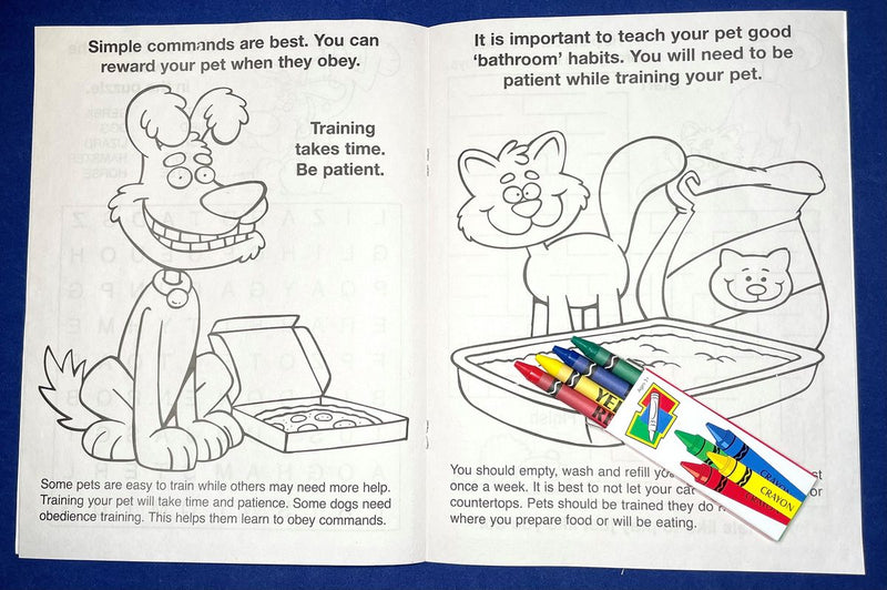 Kids coloring activity about caring for dogs and cats