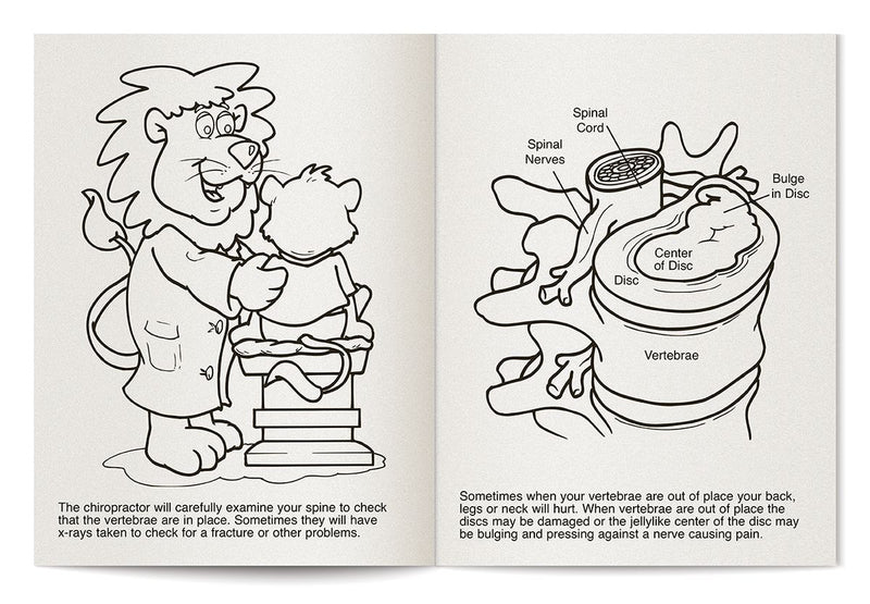 Kids chiropractor coloring book inside pages about chiropractic care and healthy habits