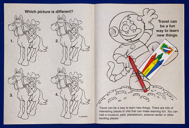 Inside pages of Travel Fun kids coloring book with travel activities