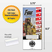 A firefighter safety pull tab card shown with dimension arrows indicating 3.75 inches by 8.