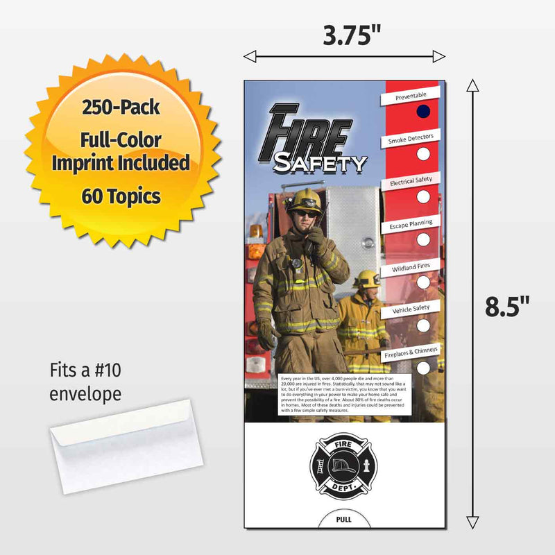 A firefighter safety pull tab card shown with dimension arrows indicating 3.75 inches by 8.
