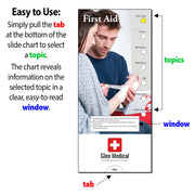Instructional graphic showing a medical training slide or window with arrows and text explaining how to use the tab at the bottom to select a topic, on a white background.