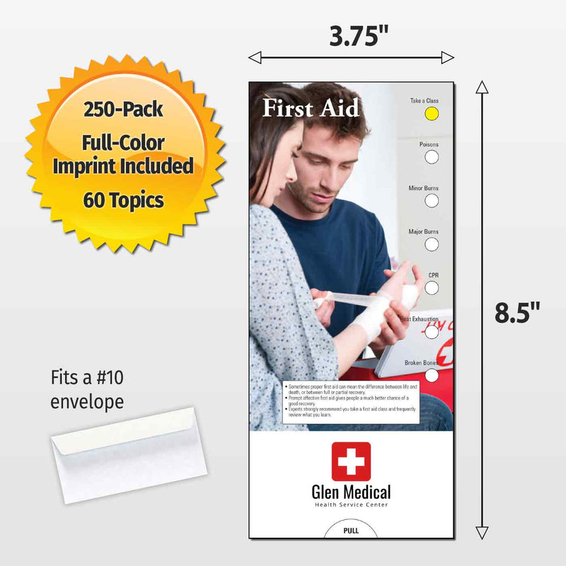 A printed First Aid instruction card shown with dimension arrows indicating 3.75 by 8.