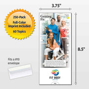 A fitness-themed envelope-style flyer or poster shown with dimension arrows indicating 3.75 by 8.