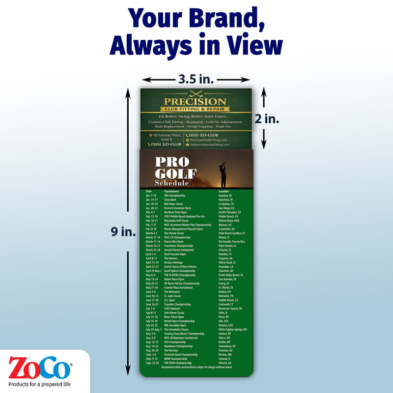 2026 Pro Golf Tour Schedules Calendar Magnet - 100 Count - Your Business Card Sticks on Top
