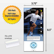 A printed medical push-card style flyer shown with dimension arrows indicating 3.75 by 8.