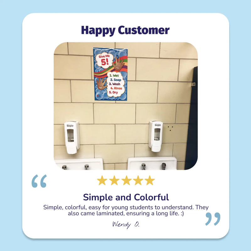Handwashing station with posters and soap dispensers on a tiled wall, featuring a customer review.