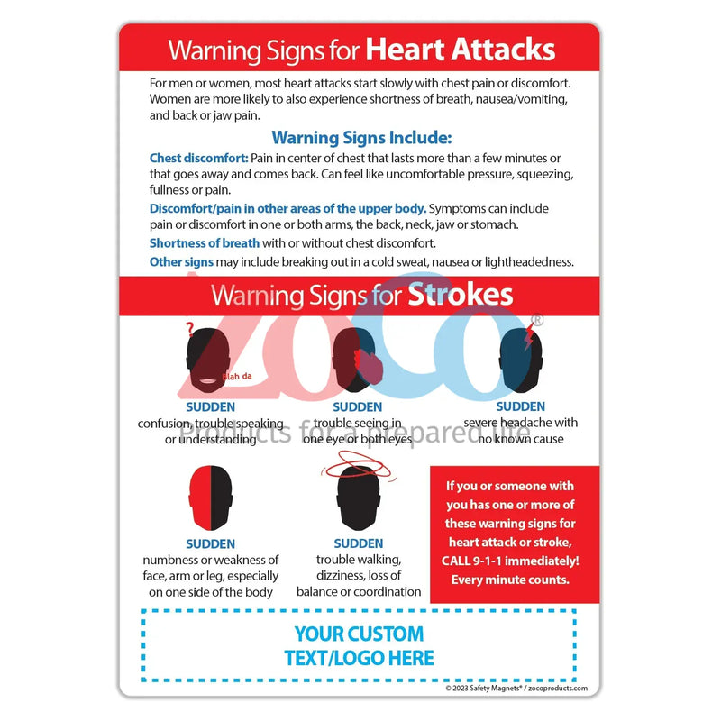 Warning Signs of Heart Attack and Stroke - Magnets - 5" x 7" - (Min.Qty 100)