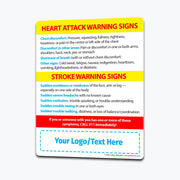 Magnet showing warning signs of a heart attack—chest pain, discomfort in arms, shortness of breath, nausea—and stroke signs such as sudden numbness, severe headache, confusion, vision or walking trouble. Urges calling 911. Custom logo/text area at the bottom.