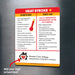 Heat stroke safety magnet listing symptoms like high body temperature, headache, nausea, red skin, seizures, rapid heartbeat, and confusion. Provides first aid steps such as moving to a cool area, applying ice packs, fanning, and calling 911. Custom logo/text area at the bottom.
