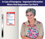 In Case of Emergency (ICE) magnet for personal medical details and emergency contacts. Includes fields for name, date of birth, allergies, medications, surgeries, blood type, doctors, contacts, and insurance information. Customizable logo/text area at the bottom.