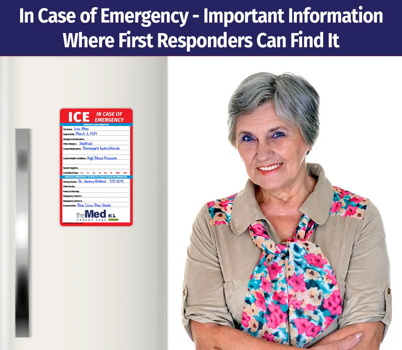In Case of Emergency (ICE) magnet for personal medical details and emergency contacts. Includes fields for name, date of birth, allergies, medications, surgeries, blood type, doctors, contacts, and insurance information. Customizable logo/text area at the bottom.